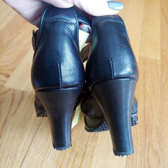 [SOLD] Fly London Black leather Mary Jane Cross Strap Wedge Heels - Picture 7 of 16